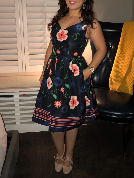 Modcloth Dresses & Skirts - ModCloth - Blue Pink Flowers on Black Fit & Flare Dress with hidden POCKETS!